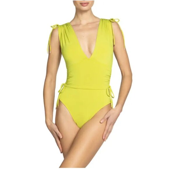 Robin Piccone Aubrey V Plunge Tummy Control One-Piece Swimsuit, Honeydew 12 NWOT - Picture 1 of 9